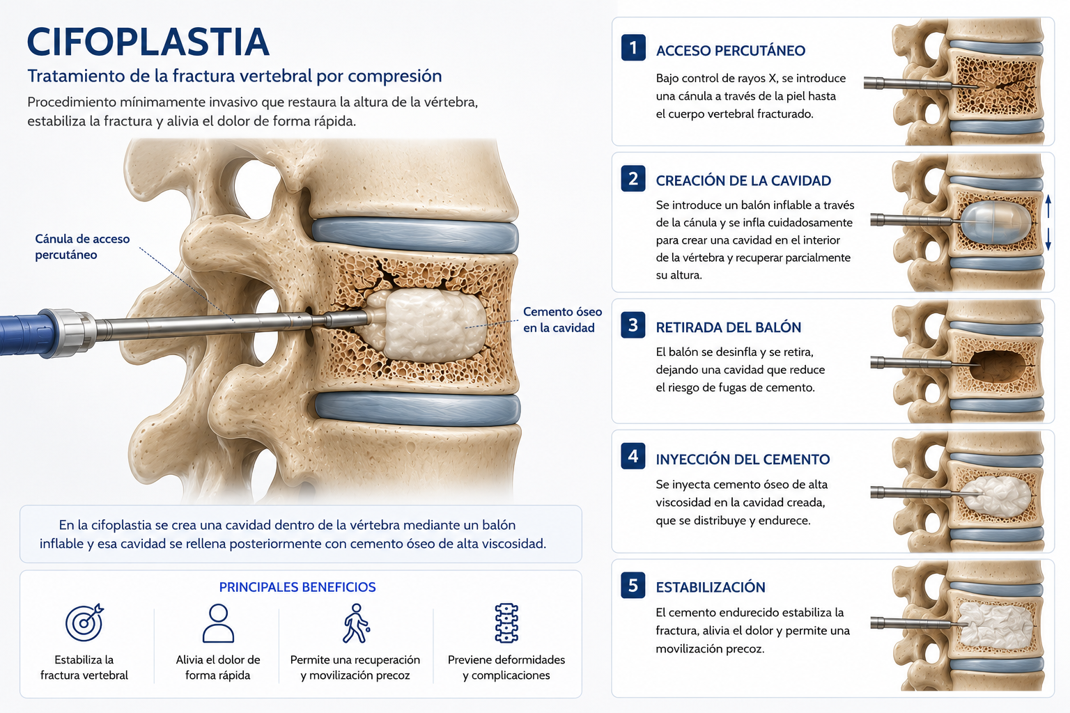 Cifoplastia para el tratamiento de una fractura vertebral: creación de una cavidad, retirada del balón e inyección de cemento